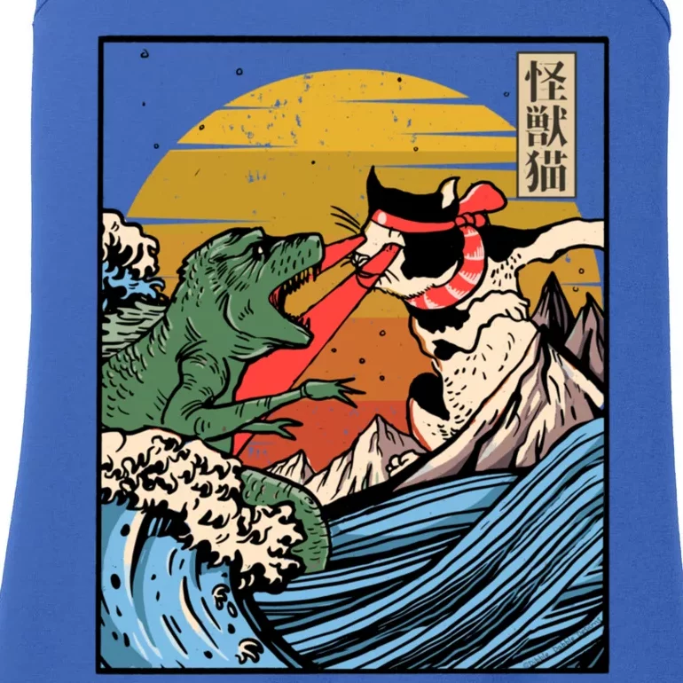 Retro Japanese Reptile Monster Vs Cat Monster Great Wave Ladies Essential Tank