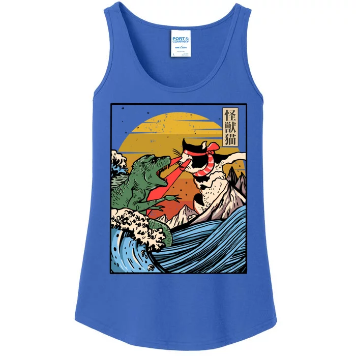 Retro Japanese Reptile Monster Vs Cat Monster Great Wave Ladies Essential Tank