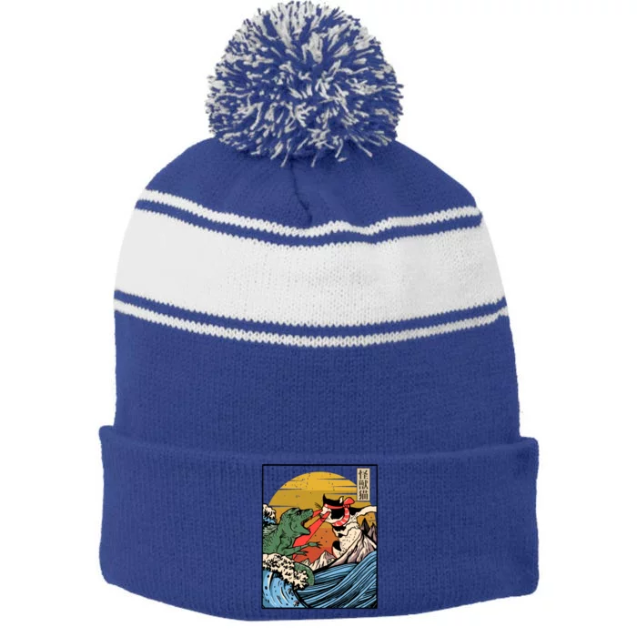 Retro Japanese Reptile Monster Vs Cat Monster Great Wave Stripe Pom Pom Beanie