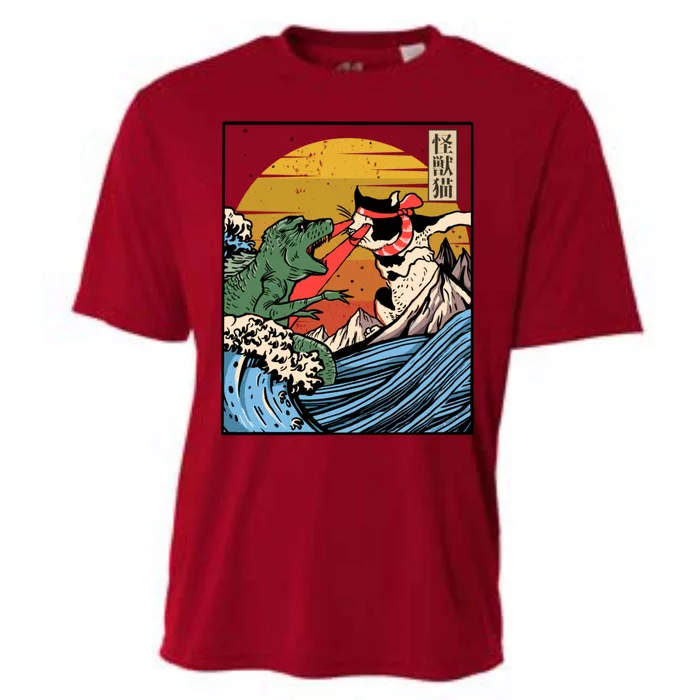 Retro Japanese Reptile Monster Vs Cat Monster Great Wave Cooling Performance Crew T-Shirt