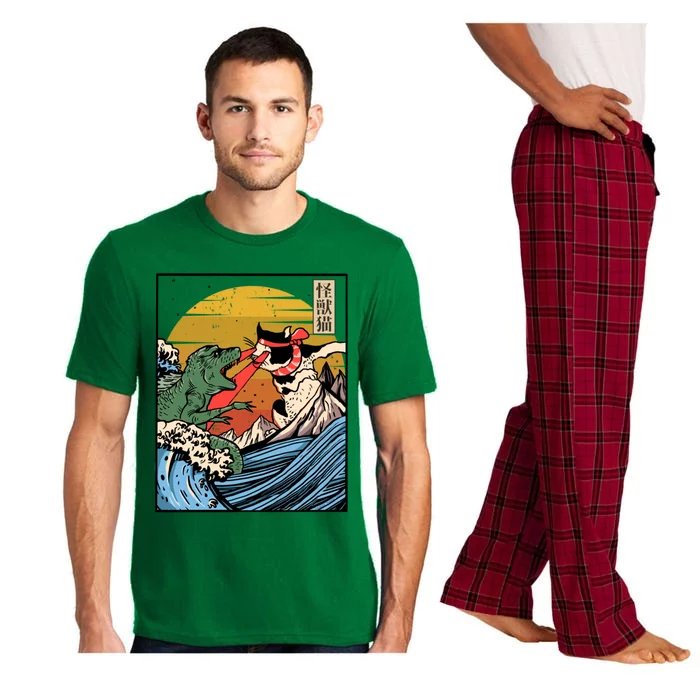 Retro Japanese Reptile Monster Vs Cat Monster Great Wave Pajama Set