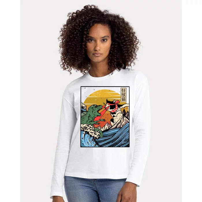 Retro Japanese Reptile Monster Vs Cat Monster Great Wave Womens Cotton Relaxed Long Sleeve T-Shirt