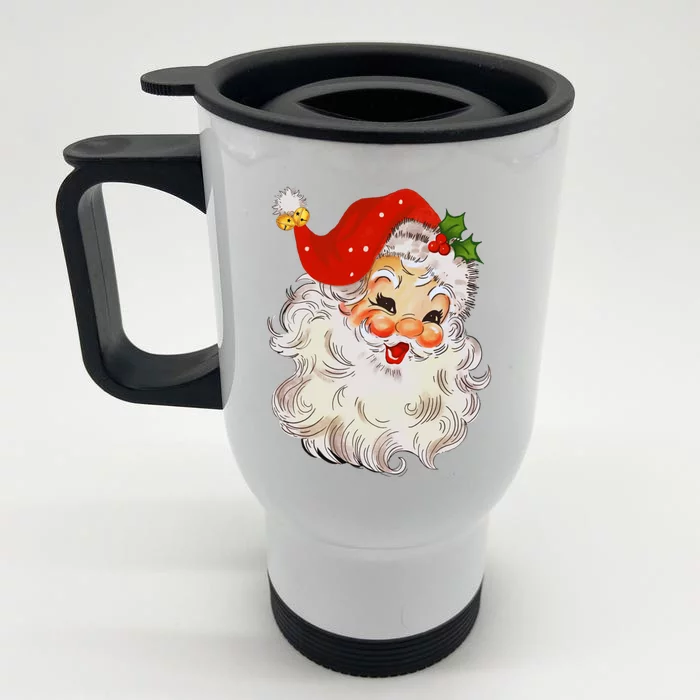 Retro Jolly Santa Claus Face Vintage St Nick Christmas Gift Front & Back Stainless Steel Travel Mug