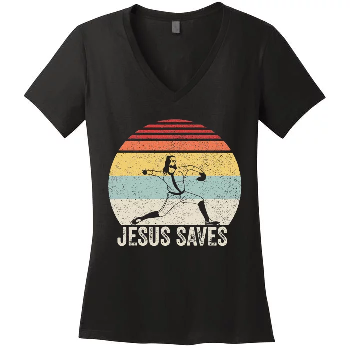 Retro Jesus Saves Baseball Religious Christian Faith Women's V-Neck T-Shirt