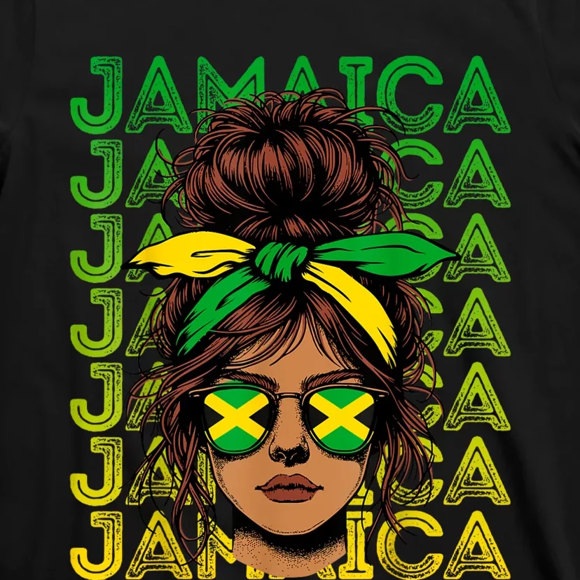 Retro Jamaica Women Messy Bun Jamaican Women Flag T-Shirt