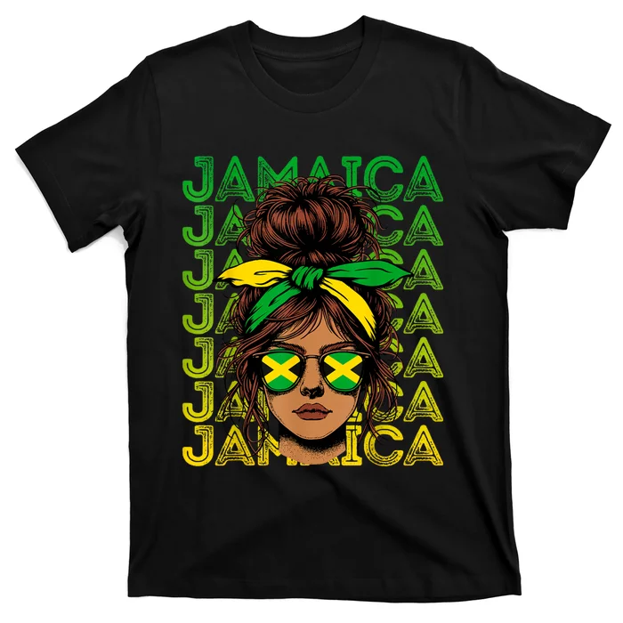 Retro Jamaica Women Messy Bun Jamaican Women Flag T-Shirt