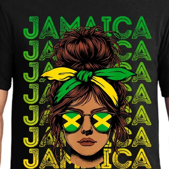 Retro Jamaica Women Messy Bun Jamaican Women Flag Pajama Set