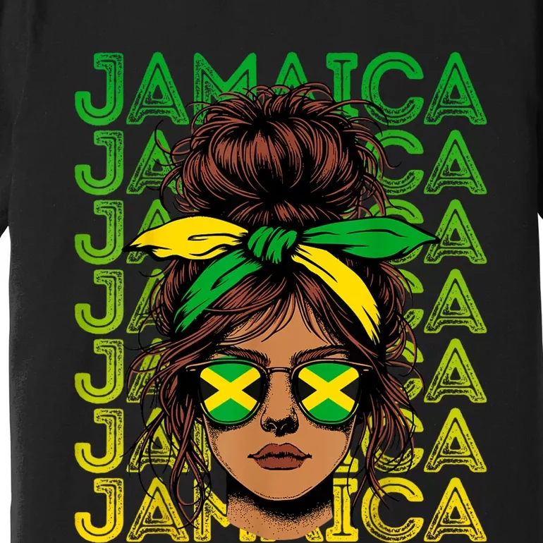 Retro Jamaica Women Messy Bun Jamaican Women Flag Premium T-Shirt