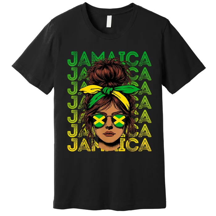 Retro Jamaica Women Messy Bun Jamaican Women Flag Premium T-Shirt