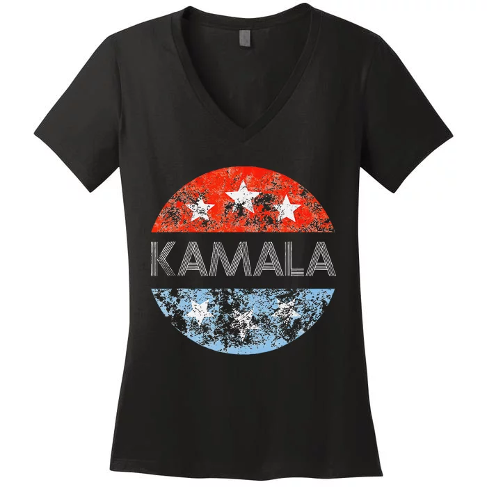 Retro Kamala 2024 Red White And Blue Vintage Button Women's V-Neck T-Shirt