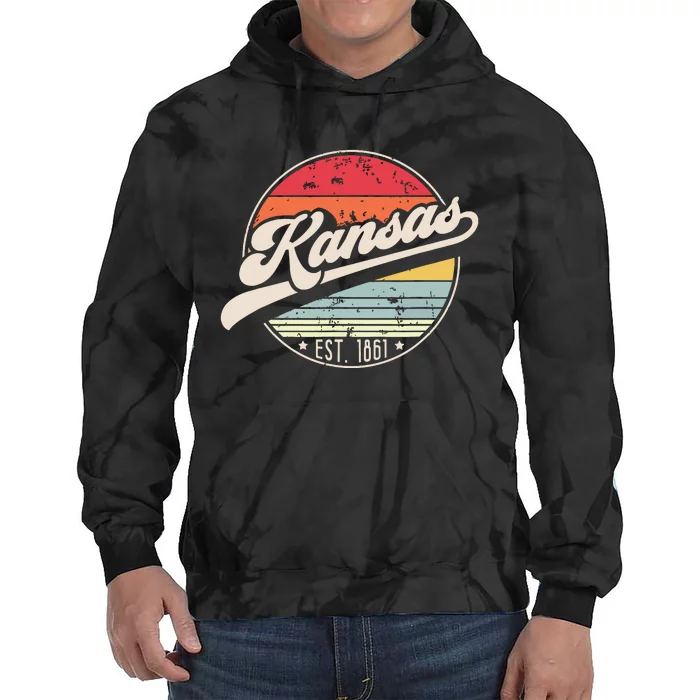 Retro Kansas Home State Ks Cool 70s Style Sunset Tie Dye Hoodie