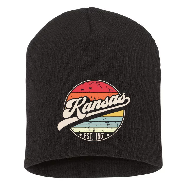 Retro Kansas Home State Ks Cool 70s Style Sunset Short Acrylic Beanie