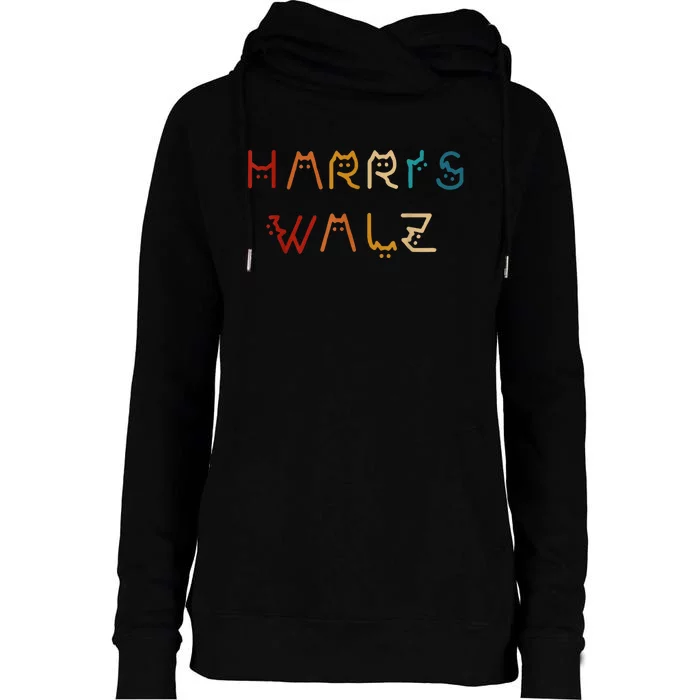 Retro Kamala Harris Walz Waltz 2024 Cat Lettering Positive Womens Funnel Neck Pullover Hood