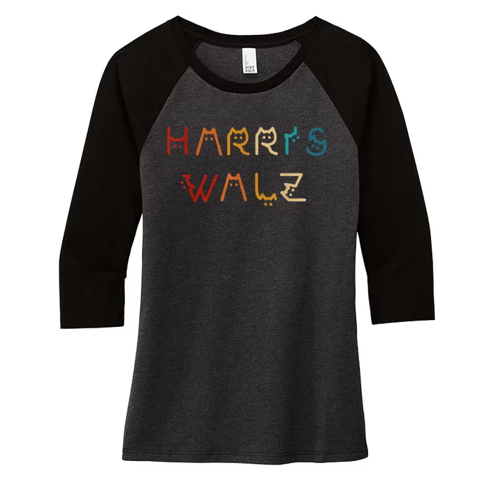 Retro Kamala Harris Walz Waltz 2024 Cat Lettering Positive Women's Tri-Blend 3/4-Sleeve Raglan Shirt