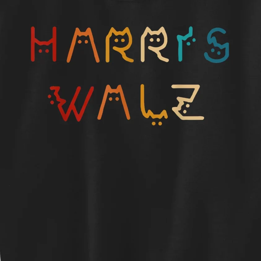 Retro Kamala Harris Walz Waltz 2024 Cat Lettering Positive Kids Sweatshirt