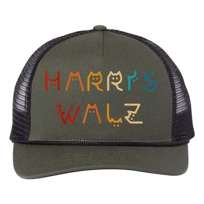 Retro Kamala Harris Walz Waltz 2024 Cat Lettering Positive Retro Rope Trucker Hat Cap