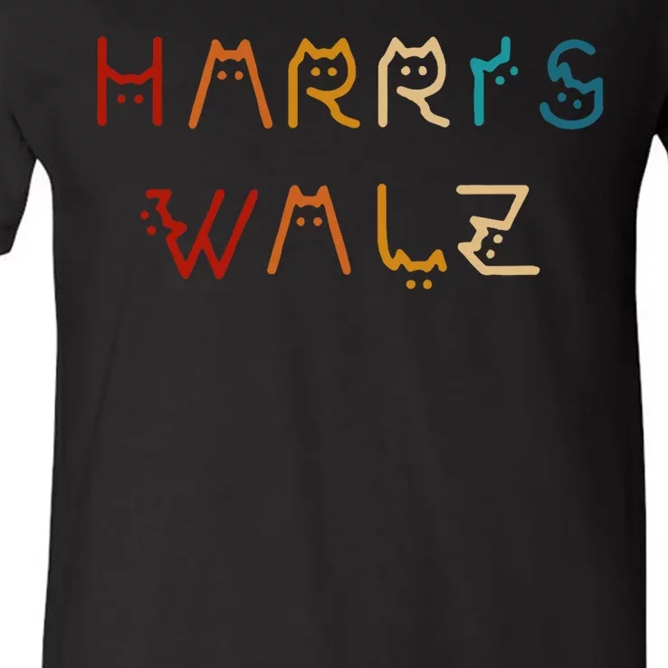 Retro Kamala Harris Walz Waltz 2024 Cat Lettering Positive V-Neck T-Shirt