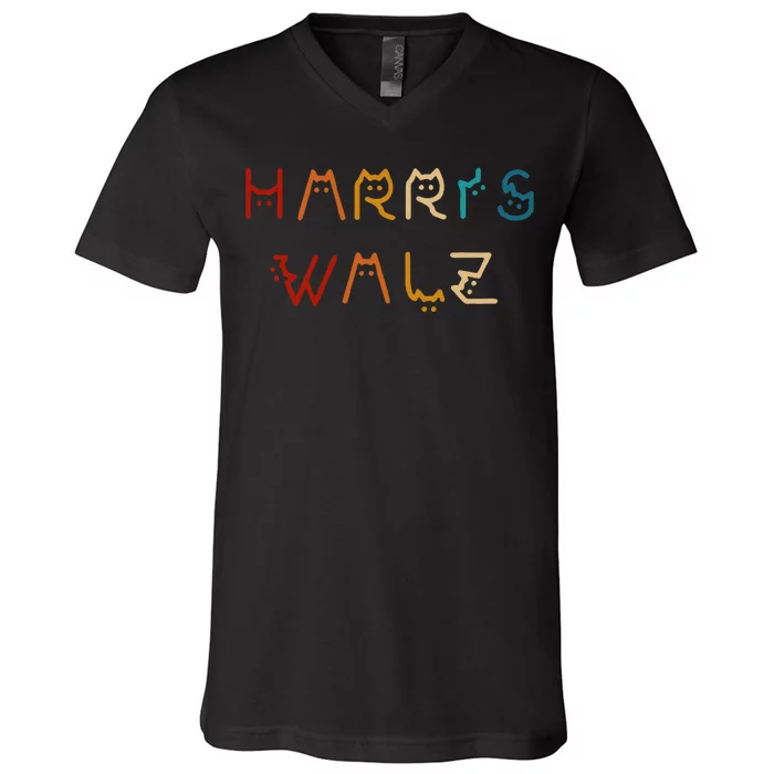 Retro Kamala Harris Walz Waltz 2024 Cat Lettering Positive V-Neck T-Shirt