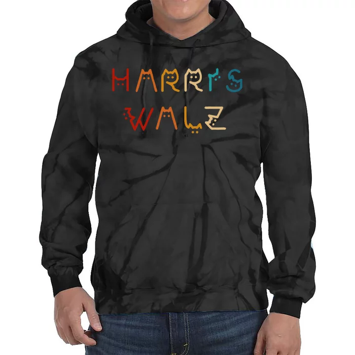 Retro Kamala Harris Walz Waltz 2024 Cat Lettering Positive Tie Dye Hoodie