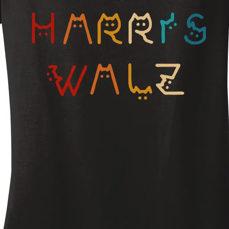 Retro Kamala Harris Walz Waltz 2024 Cat Lettering Positive Women's V-Neck T-Shirt