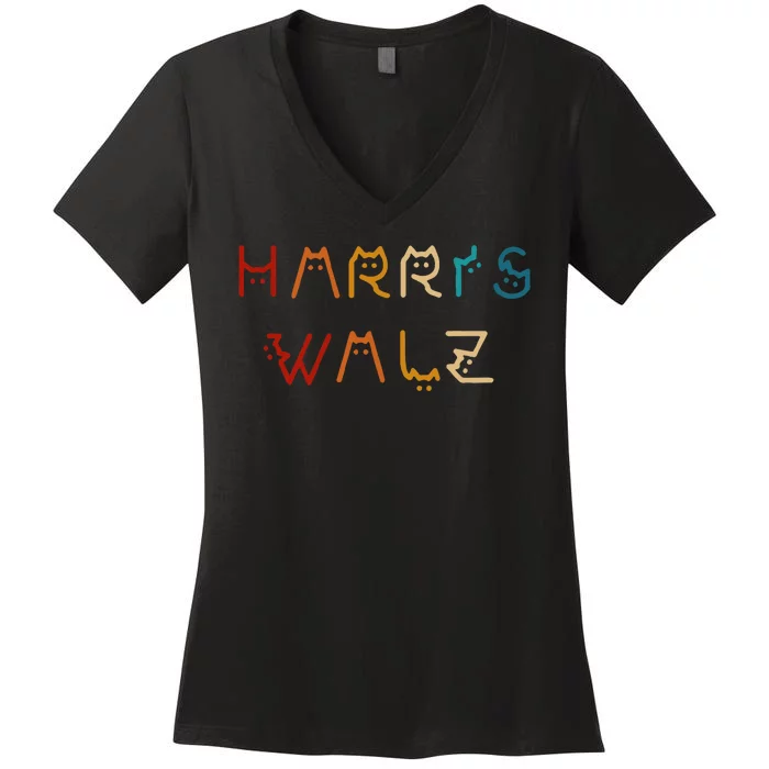 Retro Kamala Harris Walz Waltz 2024 Cat Lettering Positive Women's V-Neck T-Shirt