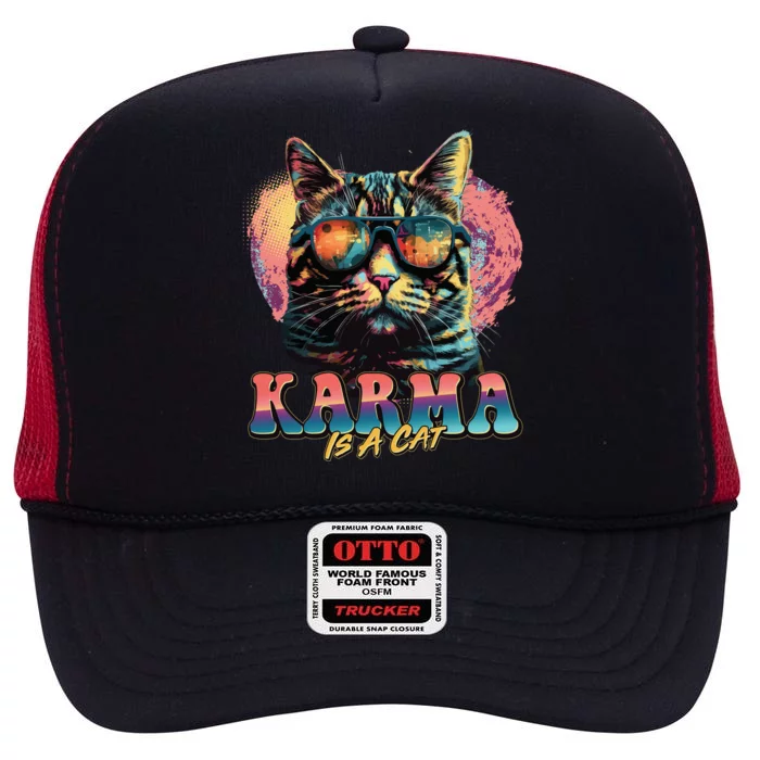 Retro Karma Is A Cat High Crown Mesh Trucker Hat