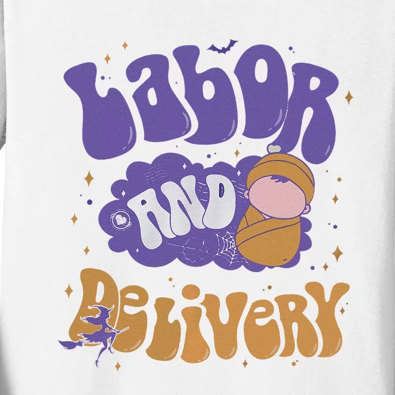 Retro Labor And Delivery Halloween Nursing Student Grad Kids Long Sleeve Shirt