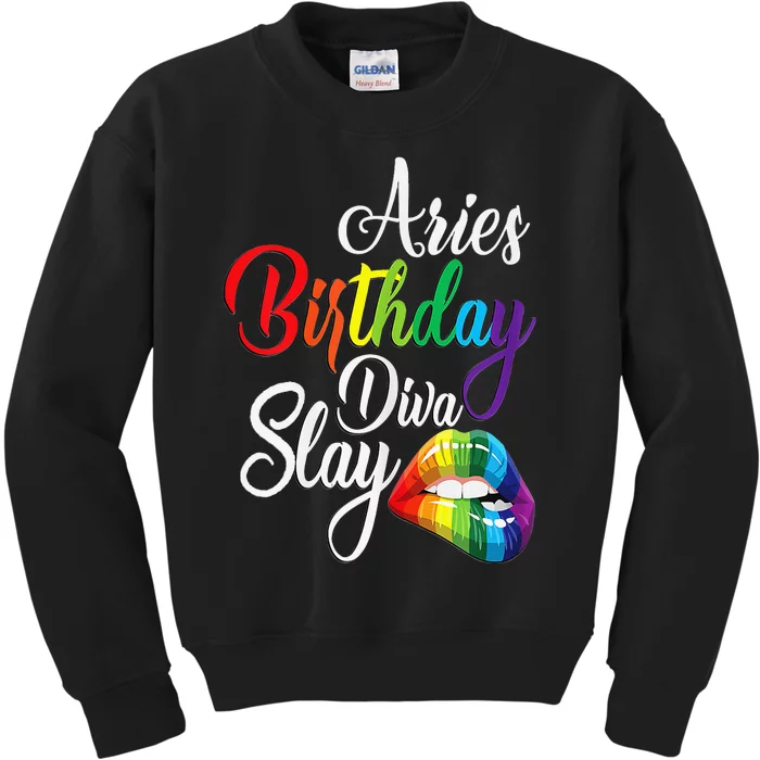 Rainbow Lip Aries March April Zodiac Birthday Diva Slay Kids Sweatshirt