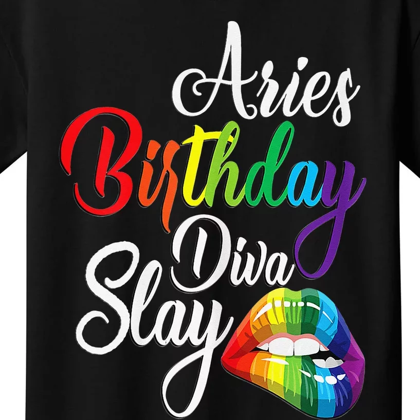 Rainbow Lip Aries March April Zodiac Birthday Diva Slay Kids T-Shirt