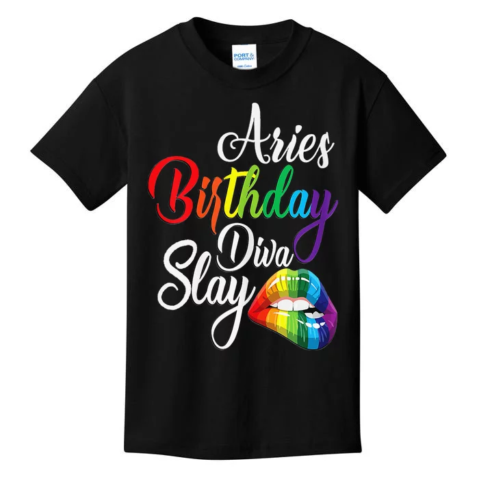 Rainbow Lip Aries March April Zodiac Birthday Diva Slay Kids T-Shirt