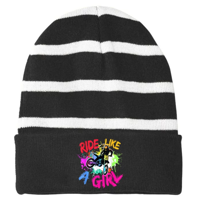 Ride Like A Girl Motocross Lovers Dirt Bike Biker Girl Gift Striped Beanie with Solid Band