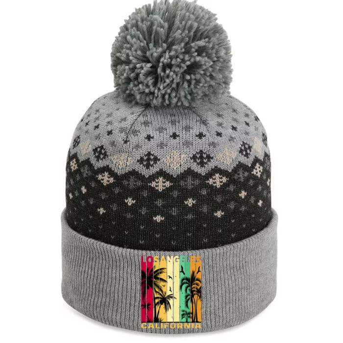 Retro Los Angeles California Palm Tree Stripes The Baniff Cuffed Pom Beanie