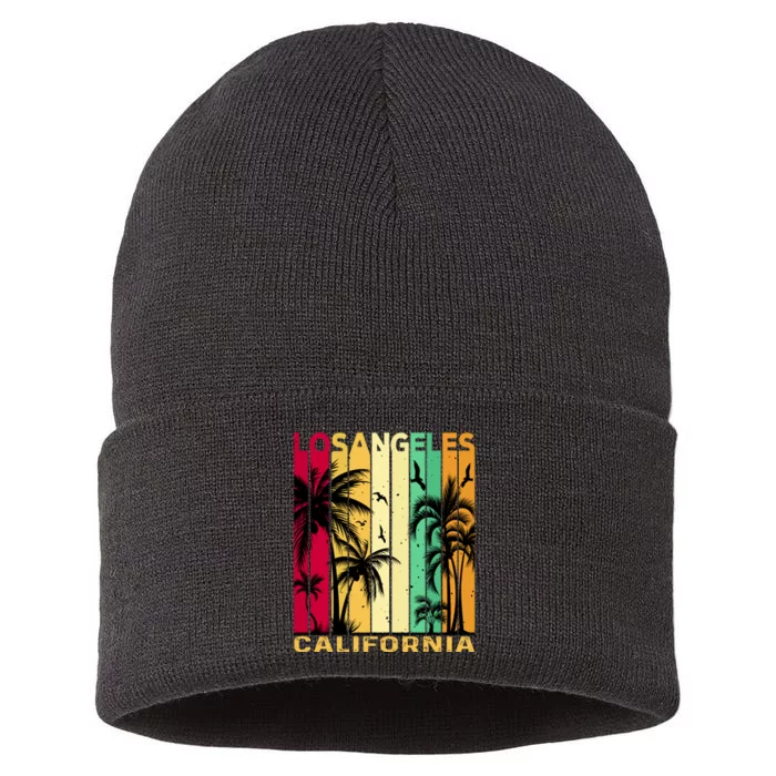 Retro Los Angeles California Palm Tree Stripes Sustainable Knit Beanie