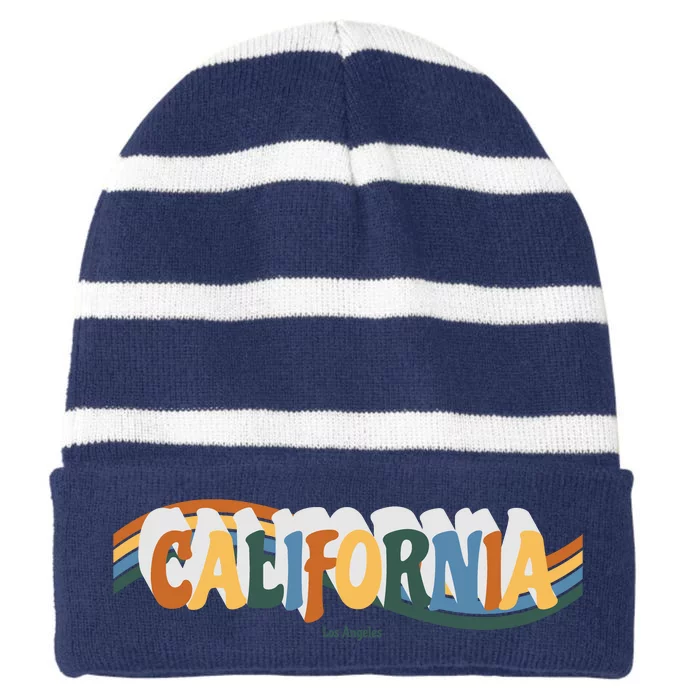 Retro Los Angeles California Cali Wave Striped Beanie with Solid Band