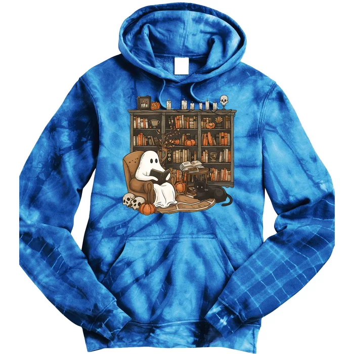 Retro Librarian Bookshelf Teacher Boujee Ghost Cat Halloween Meaningful Gift Tie Dye Hoodie