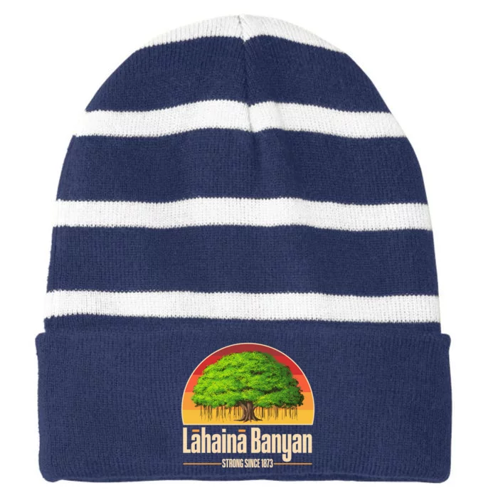 Retro Lahaina Banyan Tree Strong Since 1873 Support Maui Hawaii Striped Beanie with Solid Band