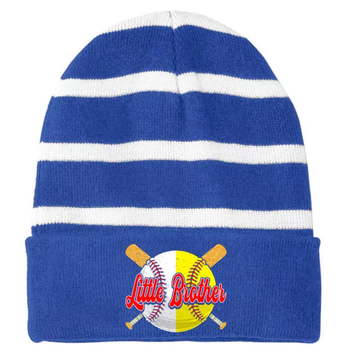 Retro Little Brother Baseball Softball Funny Fathers Day Great Gift Striped Beanie with Solid Band