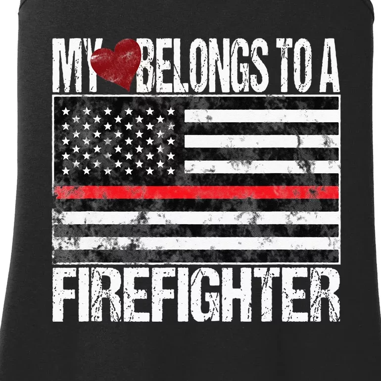 Red Line Flag Fireman Wife My Heart Belongs to a Firefighter Ladies Essential Tank