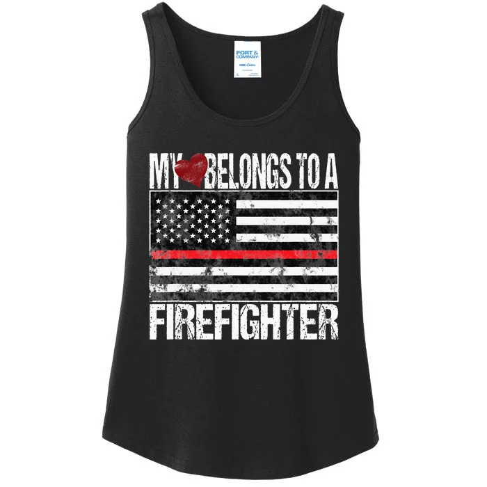 Red Line Flag Fireman Wife My Heart Belongs to a Firefighter Ladies Essential Tank