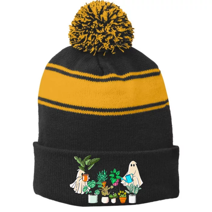 Retro Lady Gardener Ghost Gardening Plants Lover Halloween Stripe Pom Pom Beanie