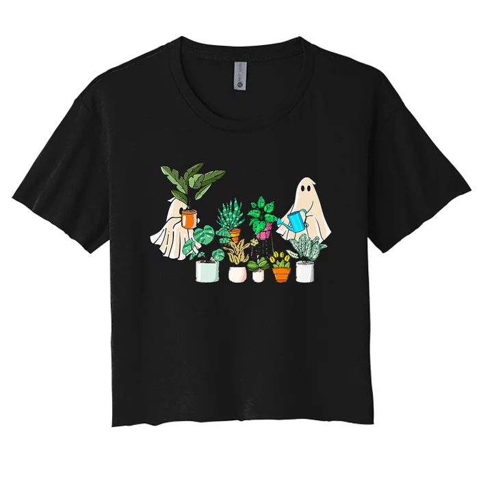 Retro Lady Gardener Ghost Gardening Plants Lover Halloween Women's Crop Top Tee