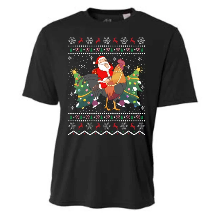 Rooster Lover Gift Ugly Santa Riding Rooster Christmas Gift Cooling Performance Crew T-Shirt