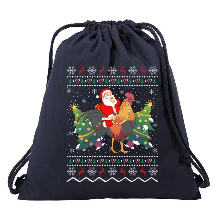 Rooster Lover Gift Ugly Santa Riding Rooster Christmas Gift Drawstring Bag