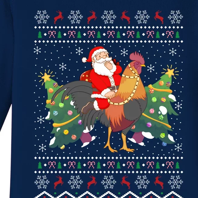 Rooster Lover Gift Ugly Santa Riding Rooster Christmas Gift Baby Long Sleeve Bodysuit