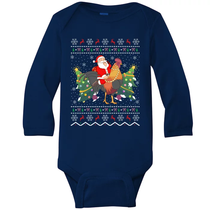 Rooster Lover Gift Ugly Santa Riding Rooster Christmas Gift Baby Long Sleeve Bodysuit