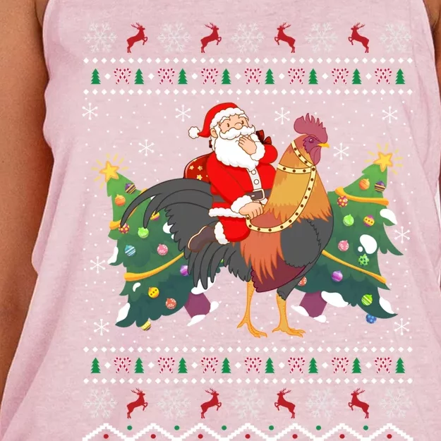 Rooster Lover Gift Ugly Santa Riding Rooster Christmas Gift Women's Knotted Racerback Tank