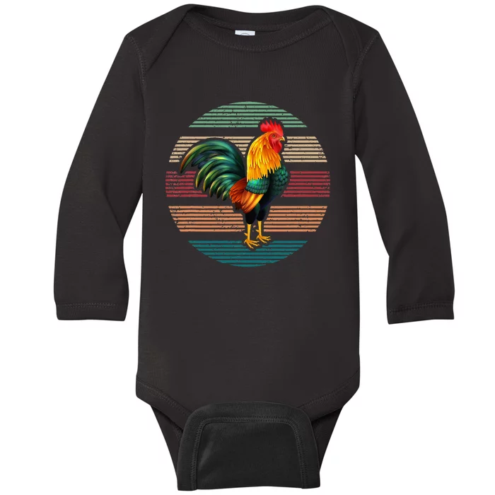 Roosters Lover Gift Vintage Retro Rooster Baby Long Sleeve Bodysuit