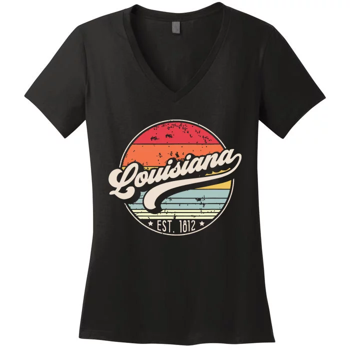 Retro Louisiana Home State La Cool 70s Style Sunset Women's V-Neck T-Shirt