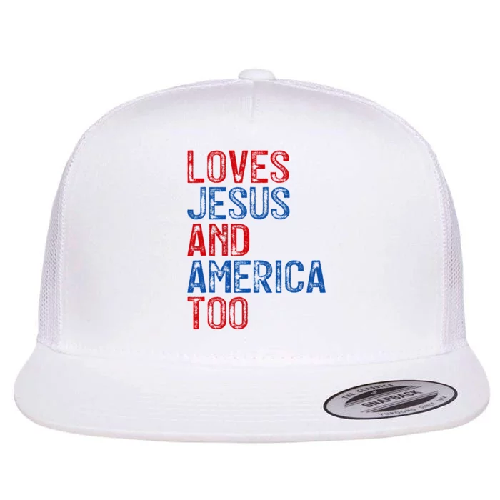 Retro Loves Jesus and America Too God Christian 4th of July Flat Bill Trucker Hat