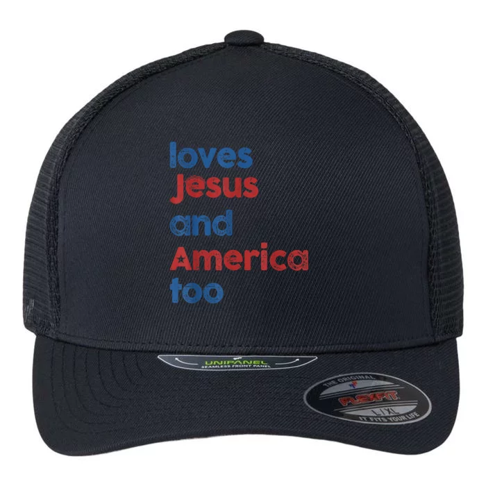 Retro Loves Jesus And America Too Flexfit Unipanel Trucker Cap